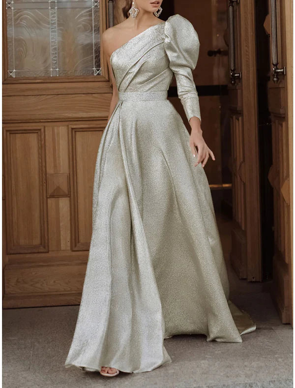 Luolandi A-Line Evening Gown Elegant Dress Formal Wedding Guest Floor Length Long Sleeve One Shoulder Sequined with Pleats Sparkly