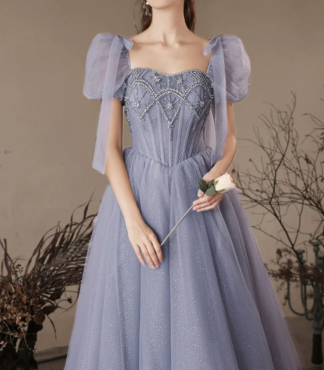 Luolandi A-Line Sweetheart Neck Tulle Beads Blue Long Prom Dress Evening Dress Sparkly Formal Dress