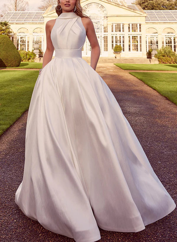 Luolandi A-Line Halter Sleeveless Sweep Train Satin Wedding Dresses With Pockets Floor Length Elegant