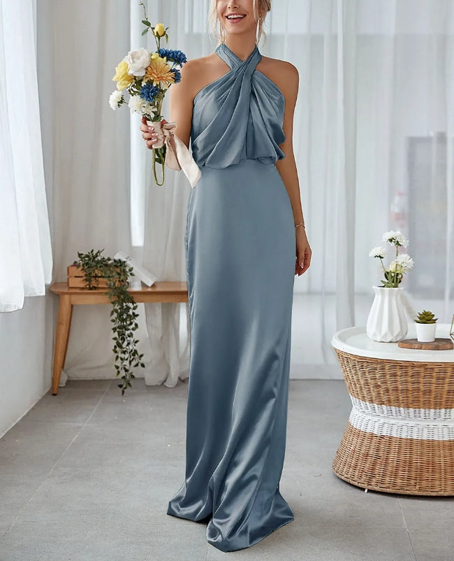 Luolandi Dusty Sage Halter Sheath Satin Bridesmaid Dress Elegant Evening Party Dress Formal Dress