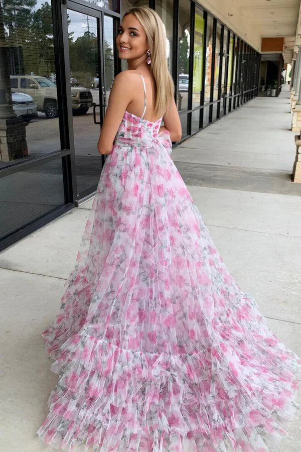 Luolandi Pink Print Halter Keyhole A-Line Long Prom Dress Sleeveless Floor Length
