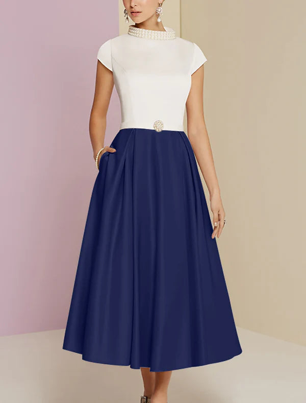 Luolandi A-Line Mother of the Bride Dress Wedding Guest Vintage Tea Length Satin Short Sleeve with Pearls Elegant