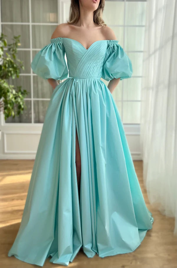 Luolandi Charming Aquamarine Gown Off Shoulder A-Line Floor-length Prom Dress Evening Dress With Slit