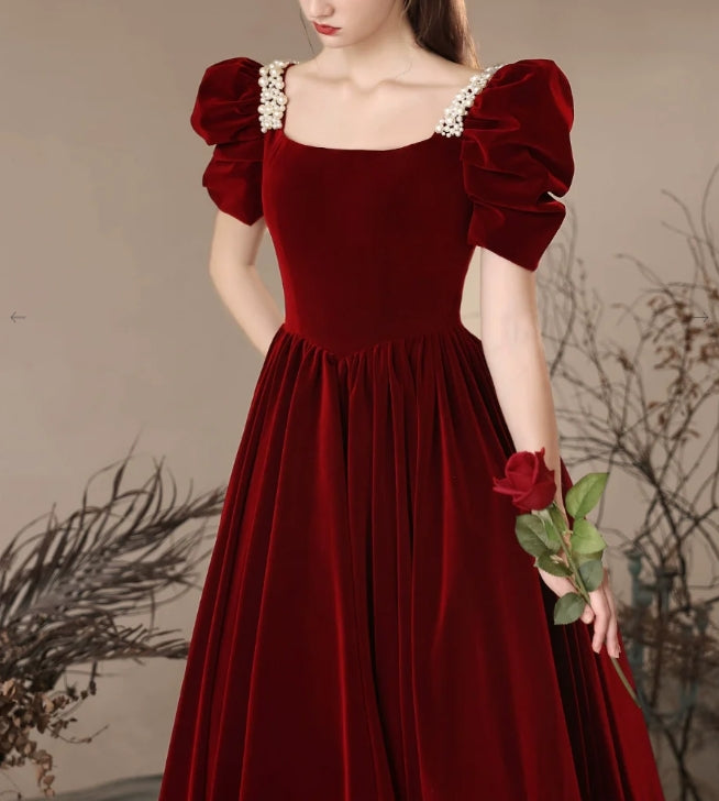 Luolandi A- Line Velvet Burgundy Long Prom Dress Formal Dress Elegant Evening Dress december wedding guest dress
