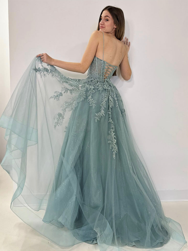 Luolandi A-Line V Neck Tulle Lace Gray Green Long Prom Dress Formal Dress with Appliques