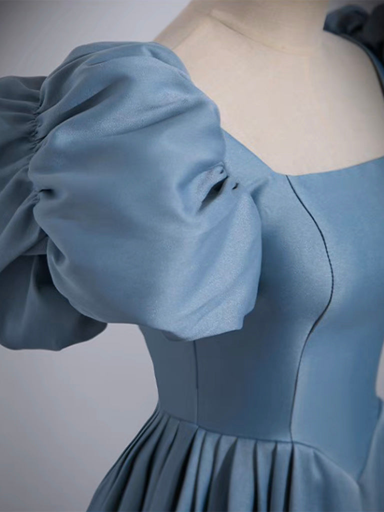 Luolandi A-Line Satin Blue Long Prom Dress Long Evening Dress Short Sleeves Solid Color december wedding guest dress