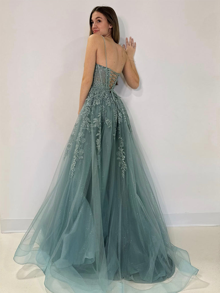 Luolandi A-Line V Neck Tulle Lace Gray Green Long Prom Dress Formal Dress with Appliques