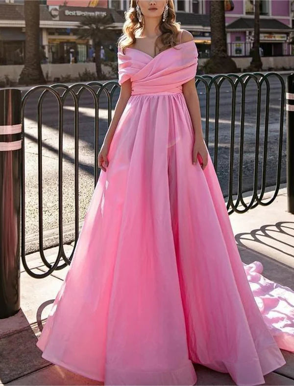 Luolandi Ball Gown Prom Dresses High Split Dress Wedding Prom Court Train Short Sleeve Off Shoulder Chiffon with Slit Evening Dress