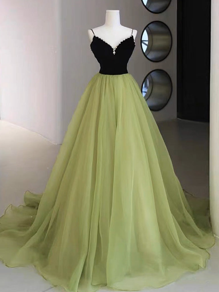 Luolandi A-Line V Neck Green Tulle Long Prom Dress Formal Dress Elegant Evening Dress Without Gloves