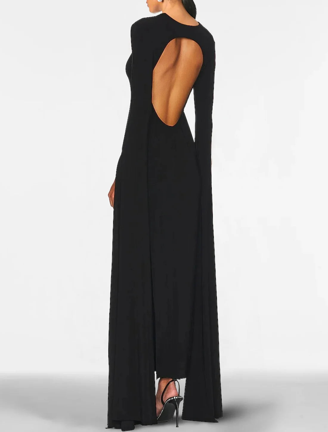 Luolandi Sheath Black Dress Plus Size Evening Gown Open Back Dress Formal Wedding Guest Floor Length Long Sleeve Jewel Neck Capes Chiffon