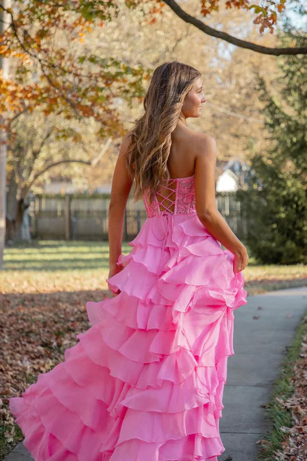 Luolandi Pink Sweetheart Tiered A-Line Long Prom Dress with Appliques And Slit Off Shoulder