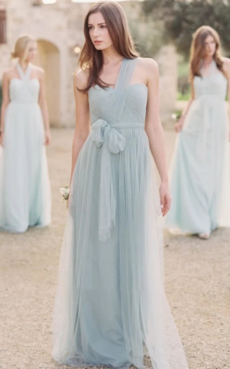Luolandi One-Shoulder Long Bowed Tulle Bridesmaid Dress With Ruching Charming Evening Party Dress