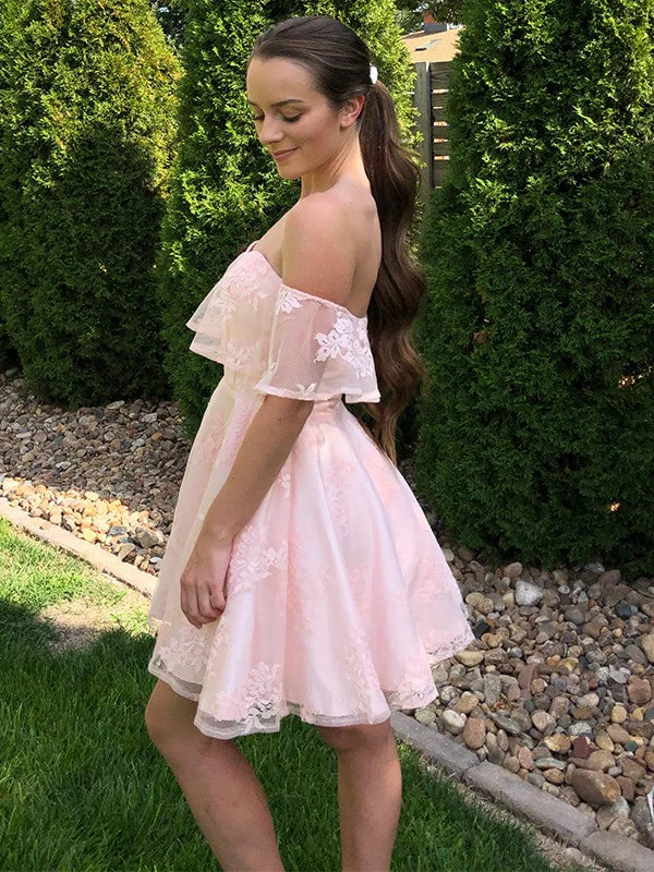 Luolandi A-Line/Princess Lace Off-the-Shoulder Sleeveless Applique Short/Mini Homecoming Dress Party Dress