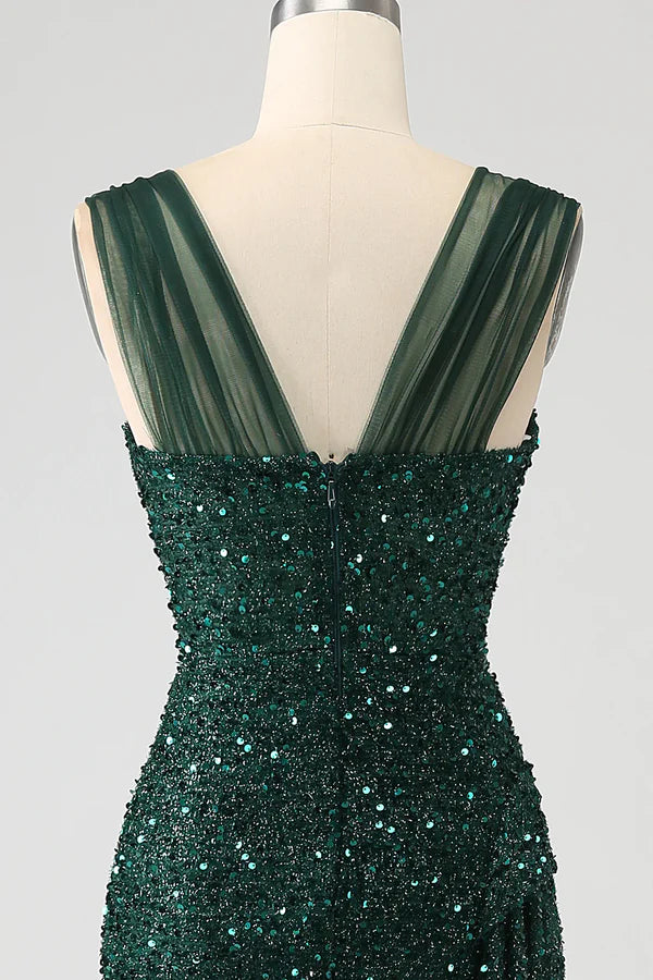Luolandi Dark Green Sheath Sparkly Sequin Pleated Long Prom Dress With Split Evening Dress