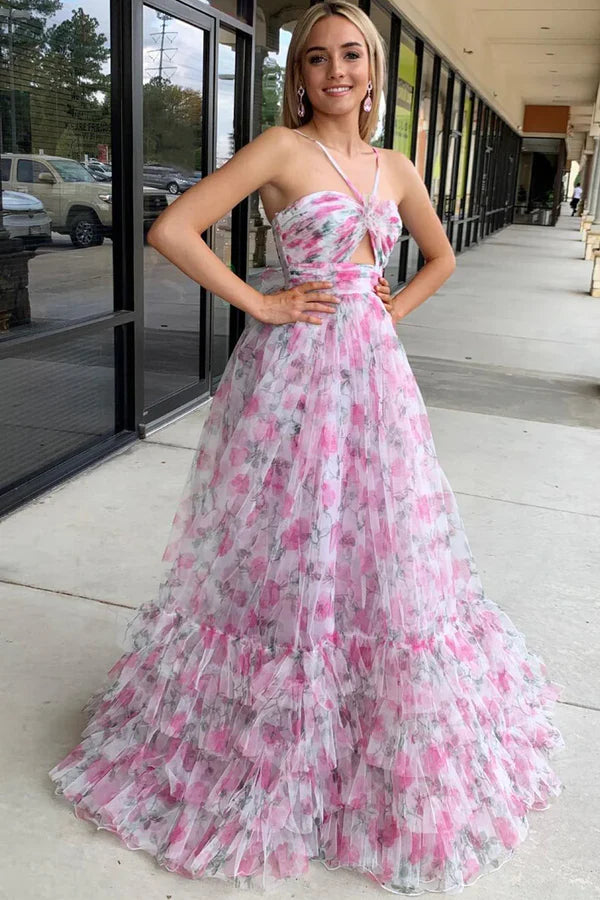 Luolandi Pink Print Halter Keyhole A-Line Long Prom Dress Sleeveless Floor Length