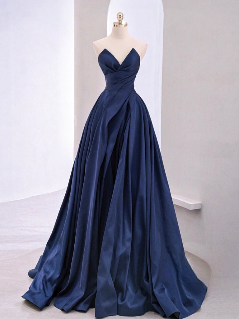 Luolandi A-Line V Neck Satin Dark Blue Long Prom Dress Evening Dress Solid Color With Slit