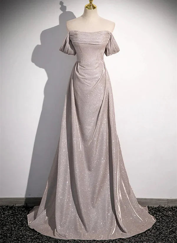 Luolandi Off the Shoulder Ruffle Long Party Dress Long Sweep Train Evening Dress Sparkly