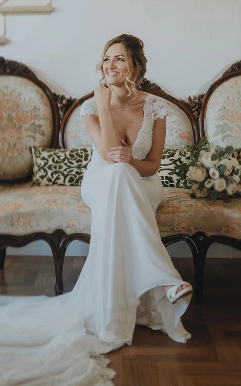 Luolandi Sheath V-neck Chiffon Modern Wedding Dress With Short Sleeve And Sweep Train Sexy