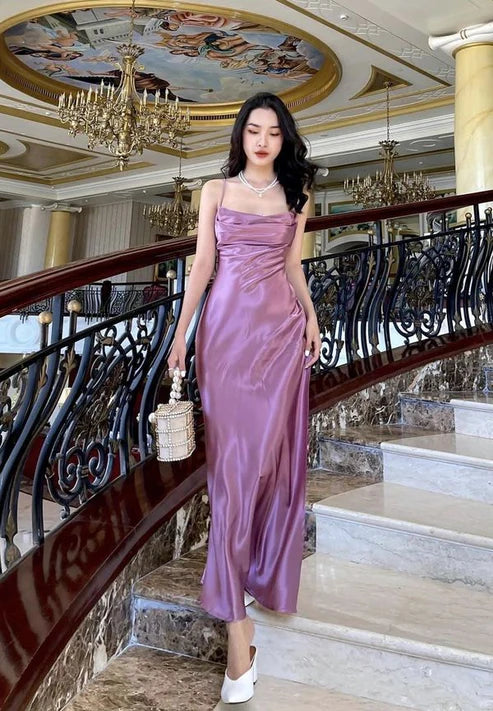 Luolandi Simple Purple Evening Dress Satin Pleated Long Prom Dress Elegant Formal Party Dress