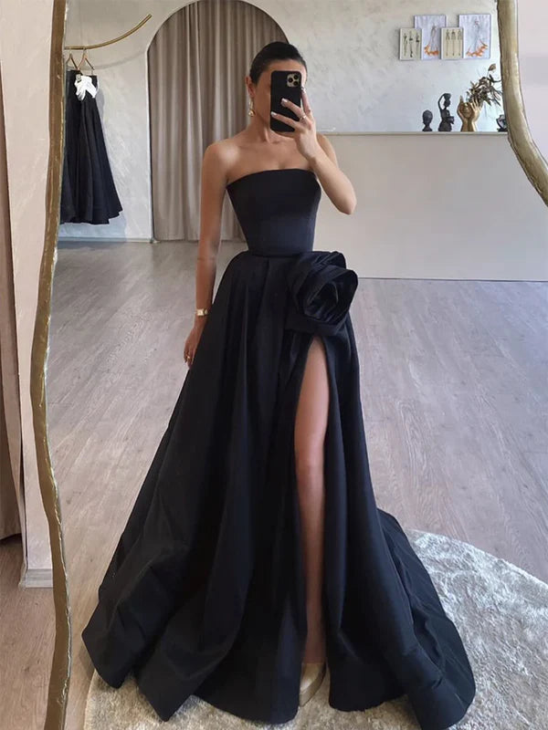 Luolandi A-Line Satin Strapless Black Long Prom Dress Formal Dress With Slit Evening Dress