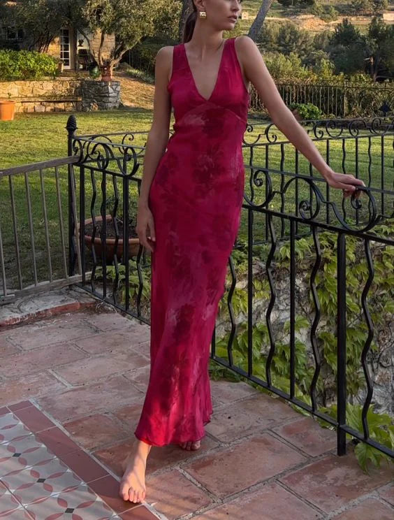 Luolandi Print Floral Long Evening Gown Prom Dress V-neck Charming Party Dress Formal Dress