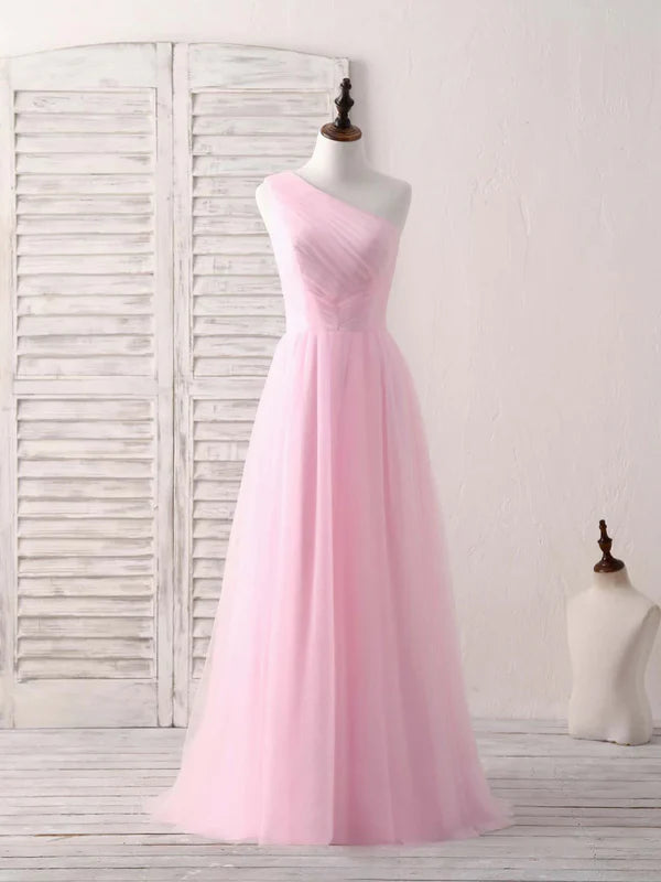 Luolandi Pink Tulle One Shoulder Long Prom Dress Pink Bridesmaid Dress Solid Color
