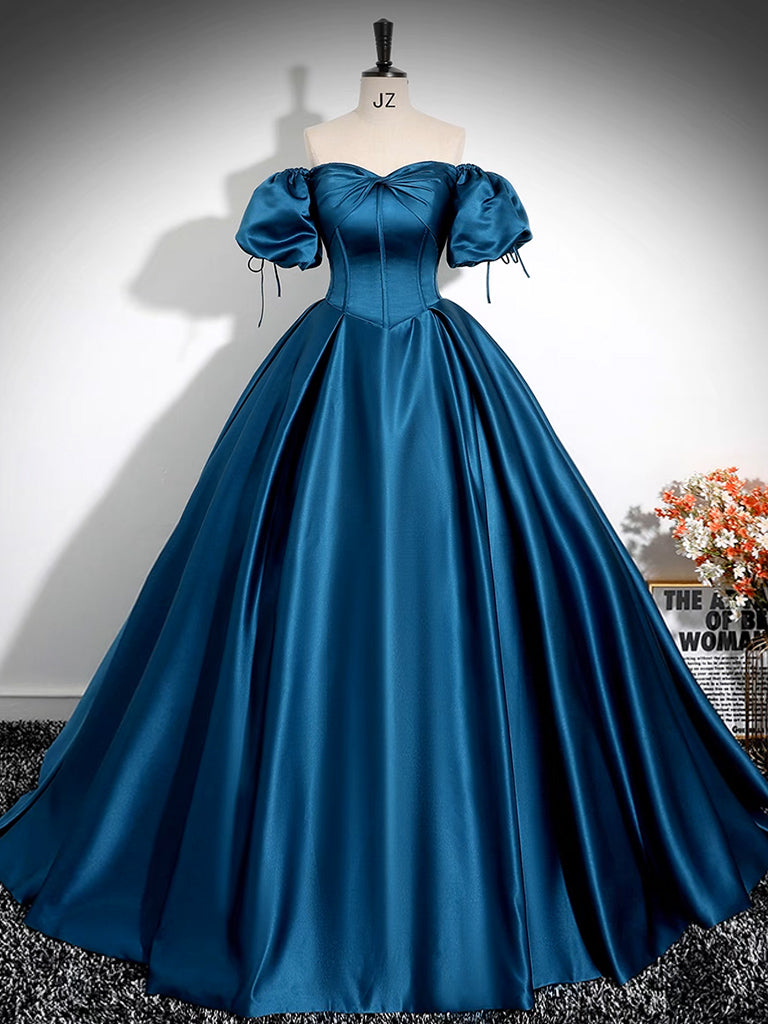 Luolandi A-Line Puff Sleeves Satin Peacock Blue Long Prom Dress Formal Dress Evening Dress