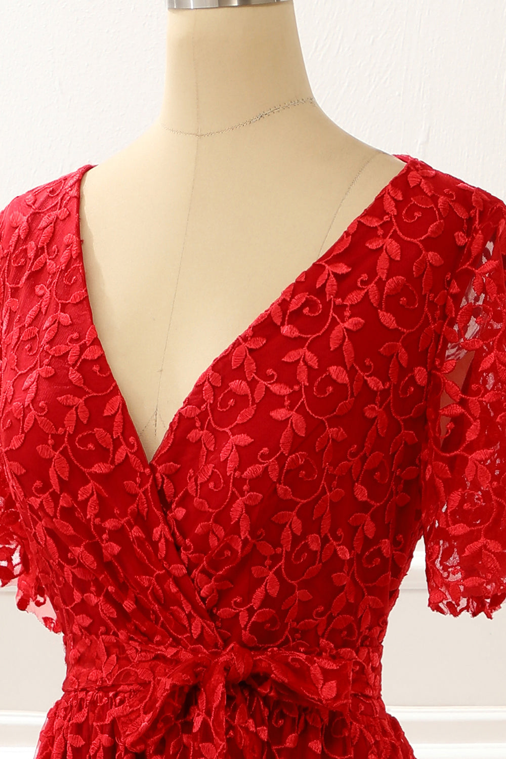 Luolandi Red V-Neck Lace Prom Dress With Slit Short Sleeve Floor Length Evening Dress