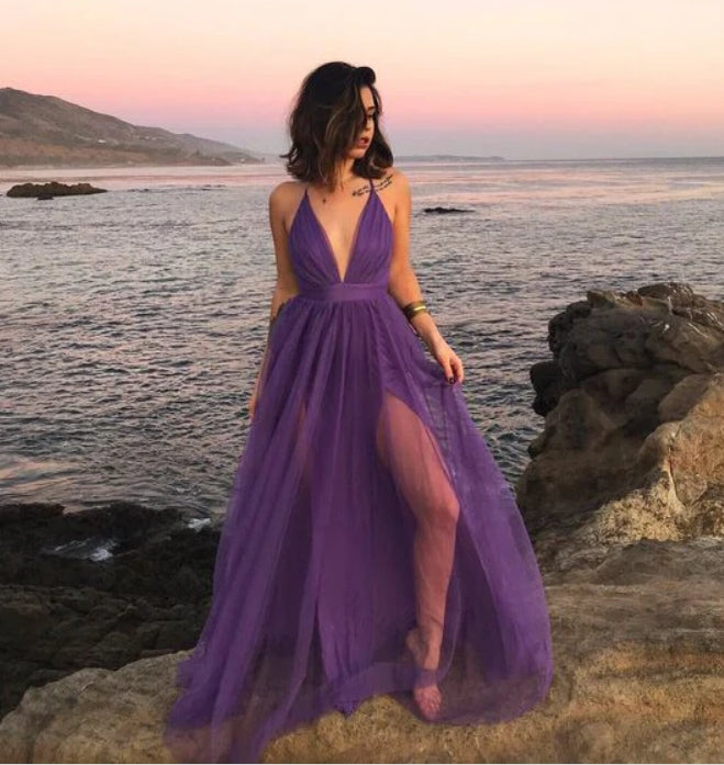 Luolandi Deep V Neck Purple Tulle Fantasy Long Prom Dress Charming Evening Party Dress