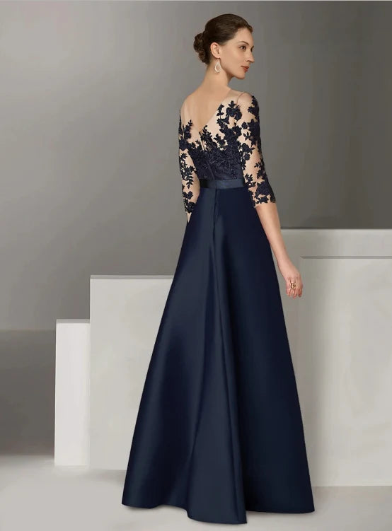 Luolandi A-Line Evening Gown Wedding Guest Sweep / Brush Train Long Sleeve Scoop Neck Satin with Appliques Mother of the Bride Dress