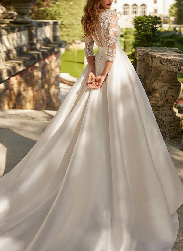 Luolandi Lace Wedding Dresses With A-Line V-Neck 3/4 Sleeves And Court Train Floor Length Elegant