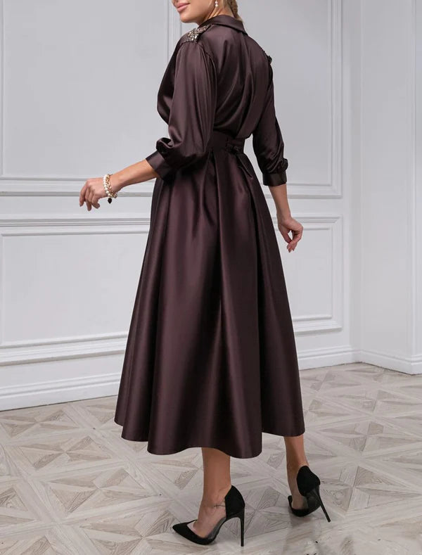 Luolandi A-Line Cocktail Dresses Elegant Dress Wedding Guest Evening Party Tea Length 3/4 Length Sleeve Shirt Collar Satin with Pleat Solid Color