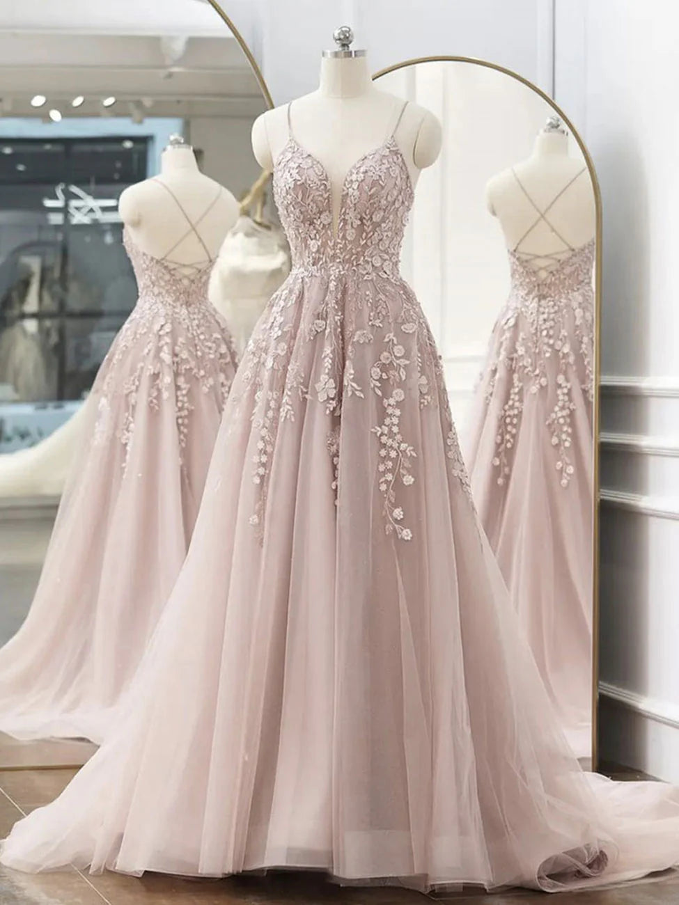 Luolandi A-Line Pink Tulle Lace Long Prom Dresses Lace Formal Dresses with Appliques