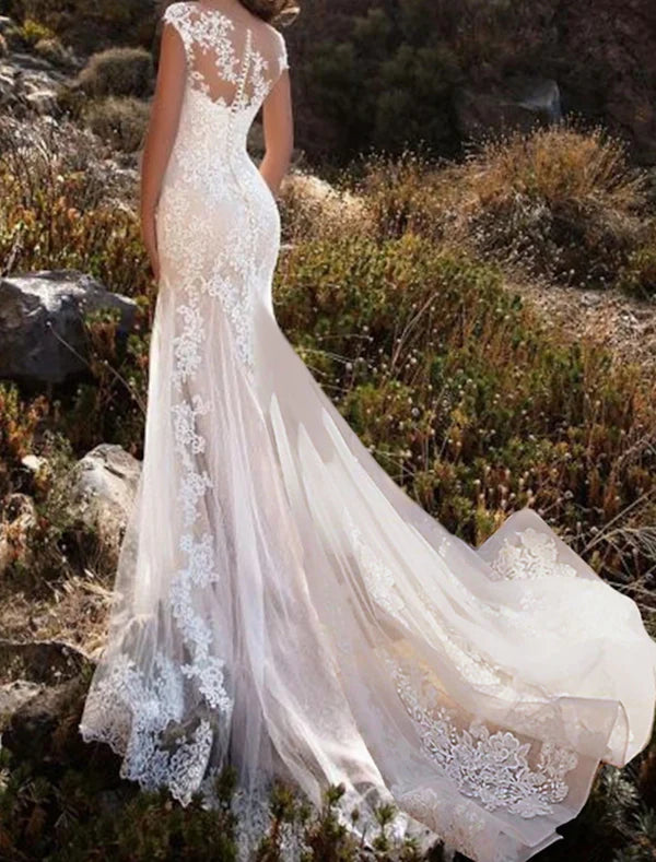 Luolandi Engagement Formal Wedding Dresses Mermaid / Trumpet Illusion Neck Cap Sleeve Chapel Train Lace Bridal Gowns With Lace Appliques