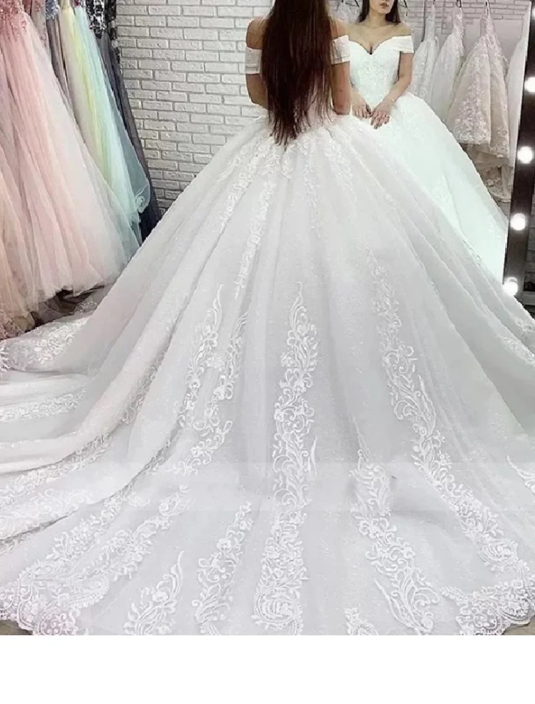 Luolandi Engagement Formal Wedding Dresses Ball Gown Off Shoulder Cap Sleeve Chapel Train Lace Bridal Gowns With Appliques Beautiful
