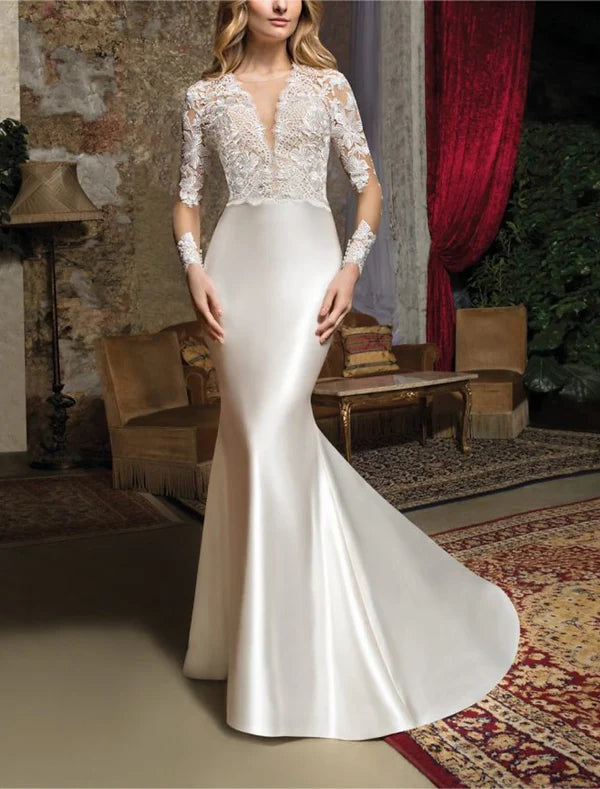 Luolandi Formal Wedding Dresses Two Piece V Neck Long Sleeve Floor Length Lace OverSkirts Bridal Gowns with Appliques Elegant