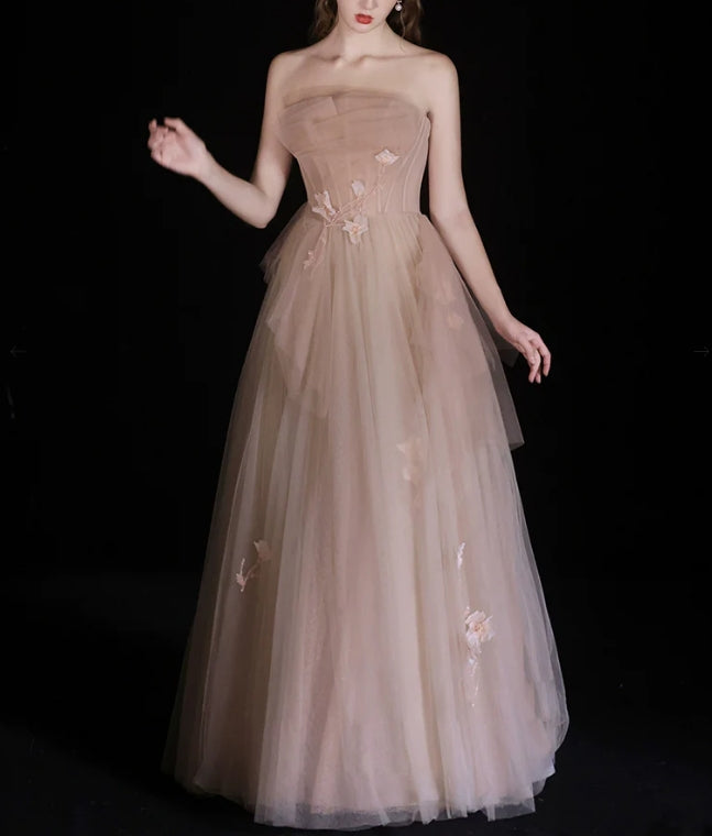 Luolandi A-Line Strapless Tulle Beads Long Prom Dress Sweet Formal Dress Elegant Evening Party Dress