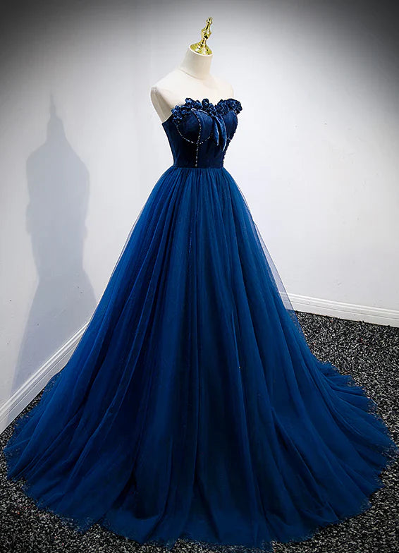Luolandi A-Line Princess Blue Sweetheart Tulle and Velvet Long Party Dress Evening Dress Prom Dress Off Shoulder