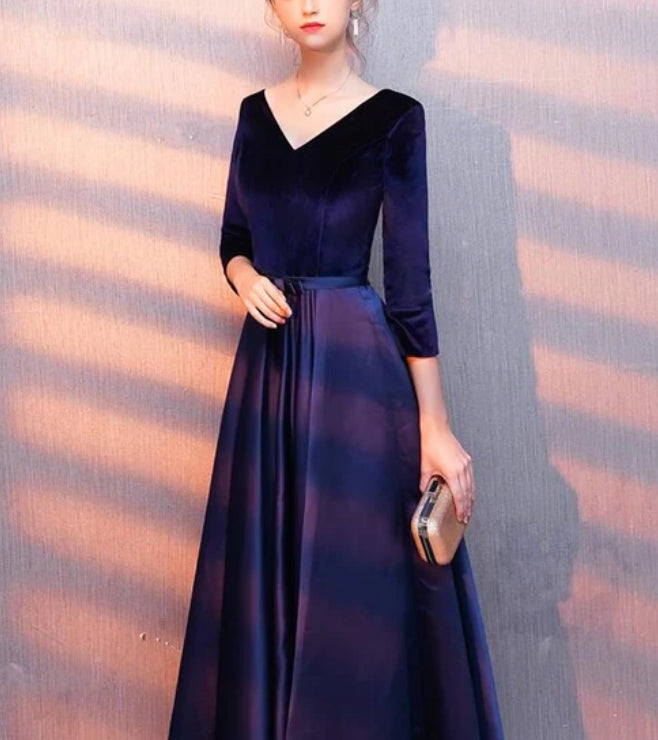 Luolandi Navy Blue V-neckline Satin and Velvet Bridesmaid Dress Wedding Party Dress Evening Dress Formal Dress