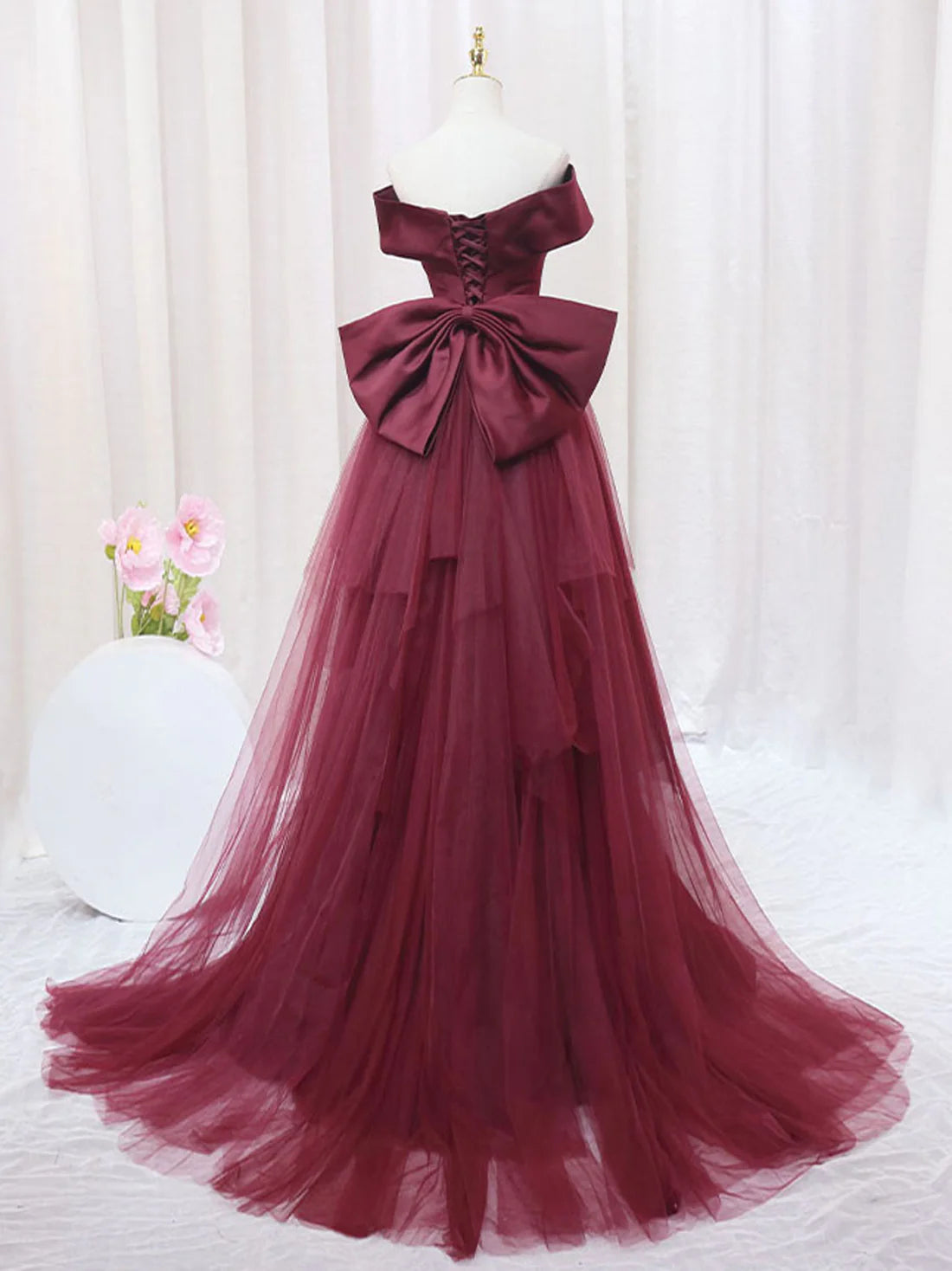 Luolandi Burgundy Mermaid Tulle Long Prom Dress Formal Evening Dress Off Shoulder december wedding guest dress
