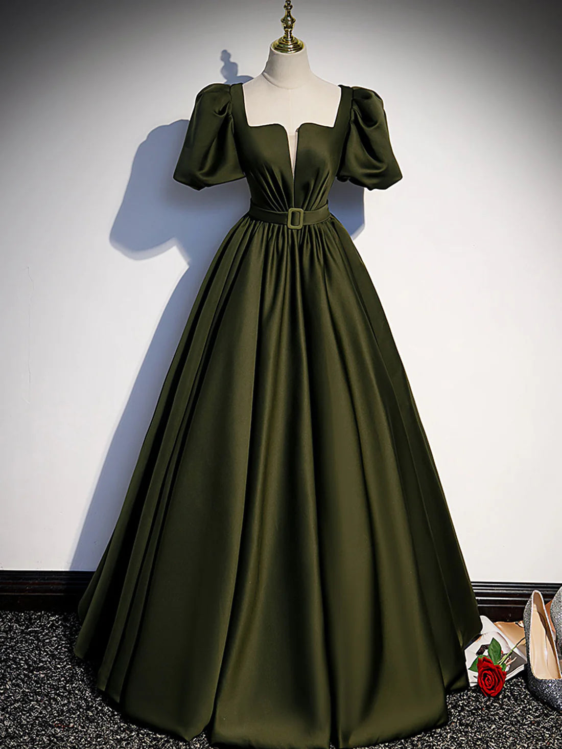 Luolandi Green satin A line long prom dress formal party dress Elegant Evening Dress december wedding guest dress