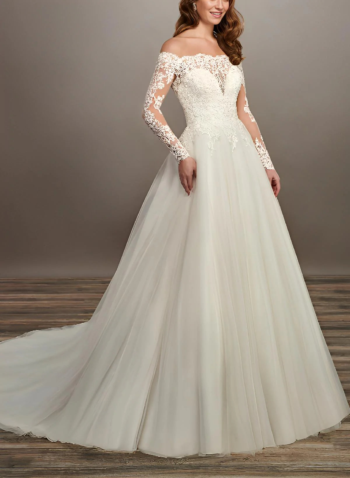 Luolandi Off-The-Shoulder Lace Wedding Dresses With Tulle And Long Sleeves Floor Length Elegant