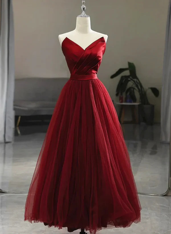 Luolandi Wine Red Tea Length Tulle V-neckline Prom Dress Tulle Party Dress Sexy Evening Dress