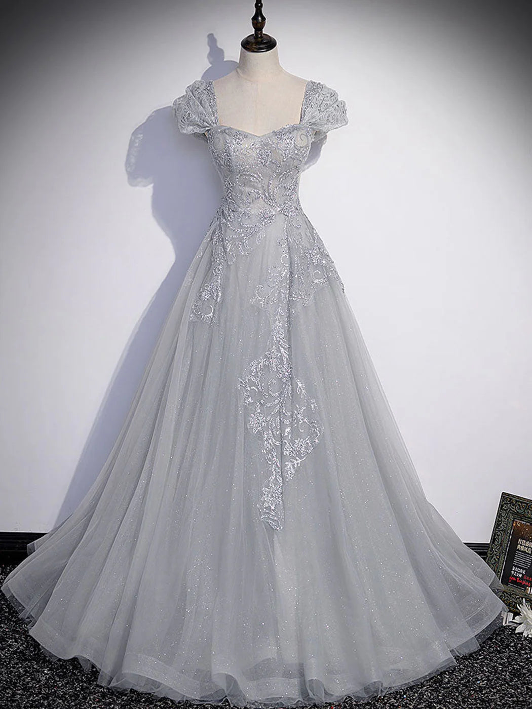Luolandi A-Line Gray Tulle Sequin Long Prom Dress Formal Evening Dress december wedding guest dress