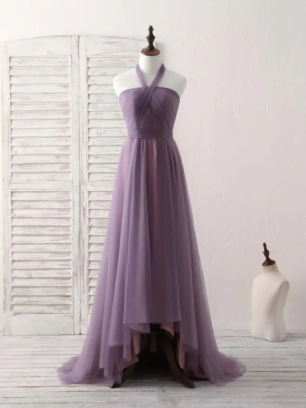 Luolandi A-Line Tulle High Low Long Prom Dress Simple Bridesmaid Dress Solid Color