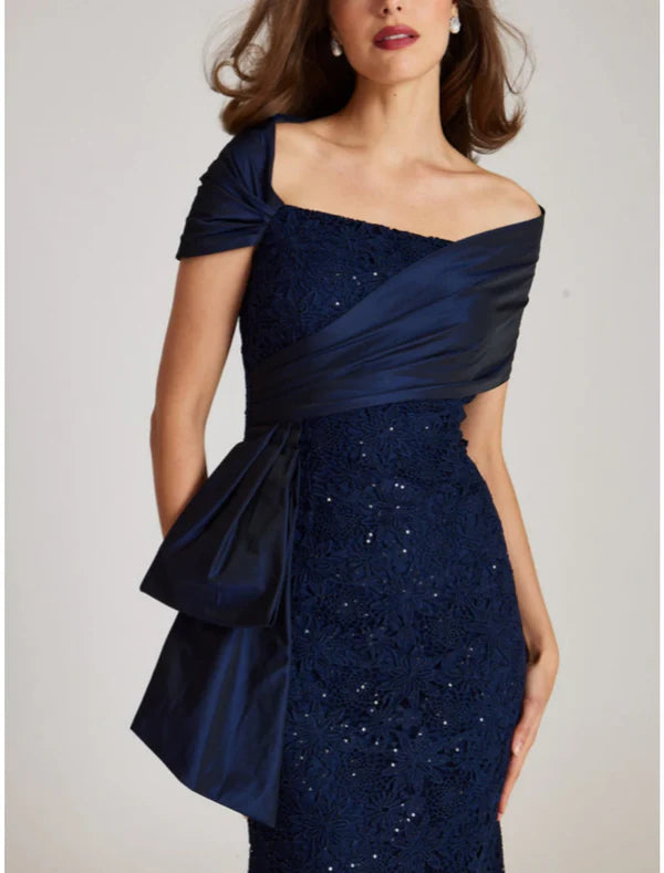 Luolandi Mermaid / Trumpet Evening Gown Elegant Dress Formal Floor Length Short Sleeve Off Shoulder Lace with Glitter Ruched Mother of the Bride Dress