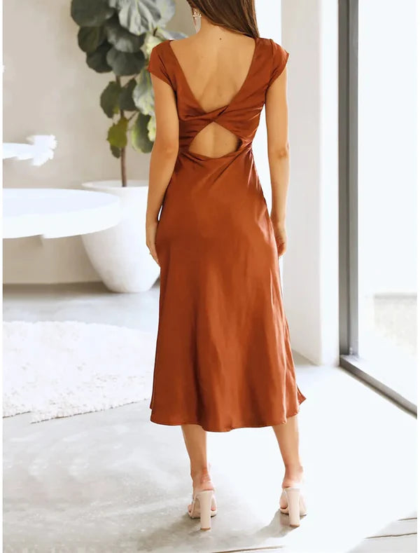 Luolandi Women's Sequin Dress Party Dress Cocktail Dress Midi Dress Black Champagne Brown Short Sleeve Plain Backless Summer Spring Fall Surplice Neck Elegant Wedding Guest Vacation