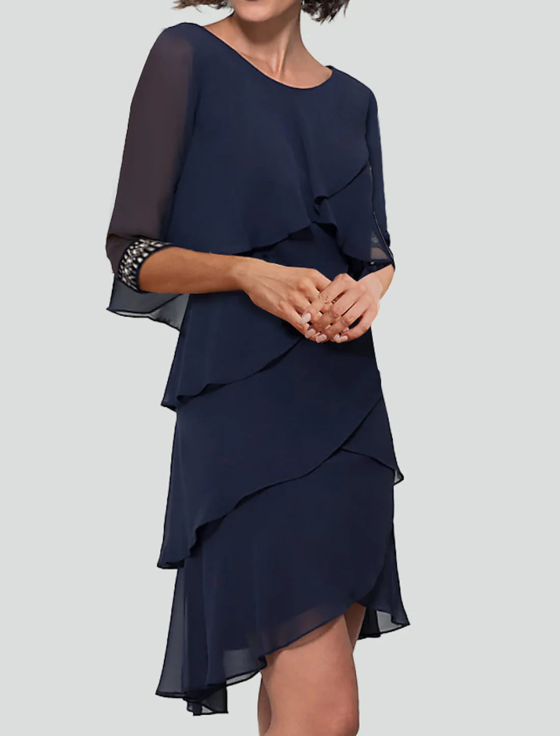 Luolandi Sheath Party Dress Cocktail Dresses Formal Knee Length Half Sleeve Wedding Guest Chiffon with Rhinestone Ruffles Mother of the Bride Dress