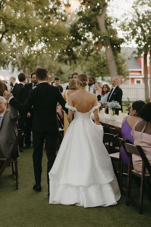 Luolandi A-Line Satin Off the Shoulder Wedding Dresses with Slit Sexy