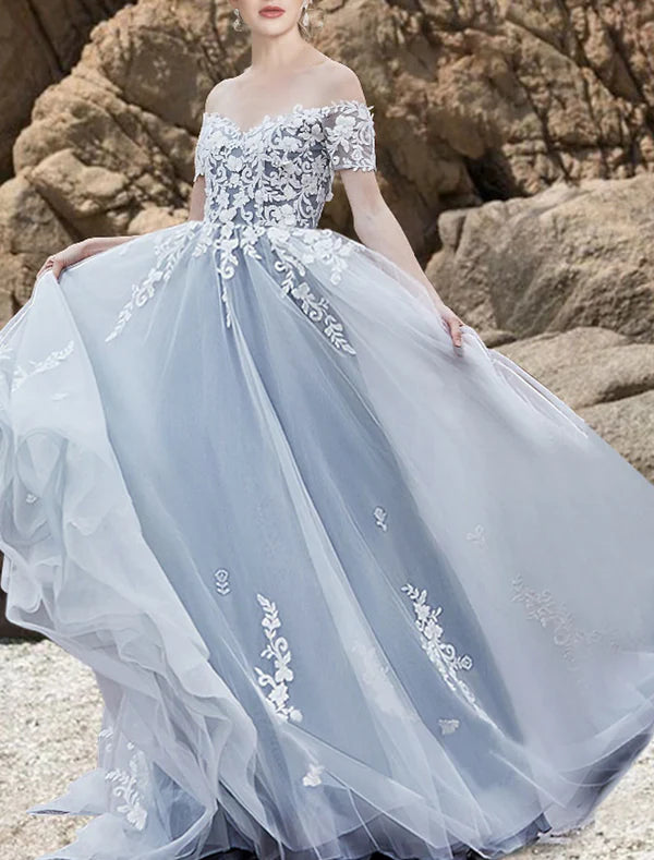 Luolandi Engagement Gothic Wedding Dresses in Color Formal Wedding Dresses A-Line Off Shoulder Short Sleeve Sweep / Brush Train Lace Bridal Gowns With Appliques